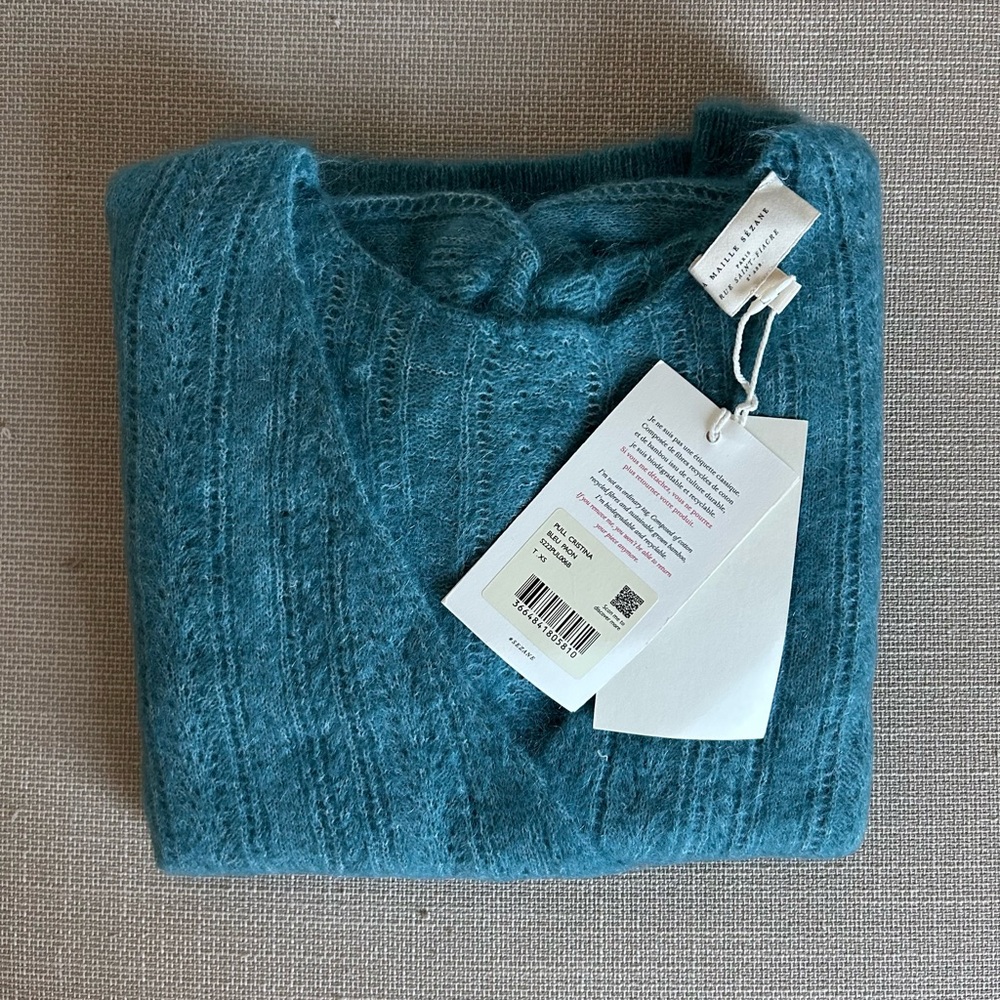 Sezane Cristina Jumper Blue Bleu Paon Sweater French Wool Mohair V Neck - Picture 6 of 9
